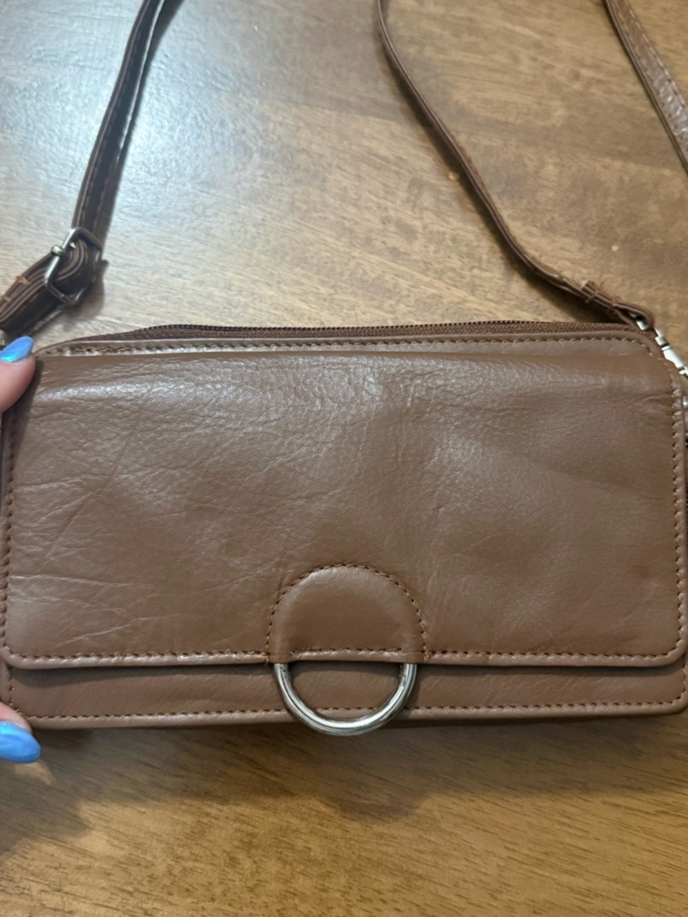 Genuine Leather Brown Crossbody Wallet Purse with Ring Accent - Picture 2 of 8